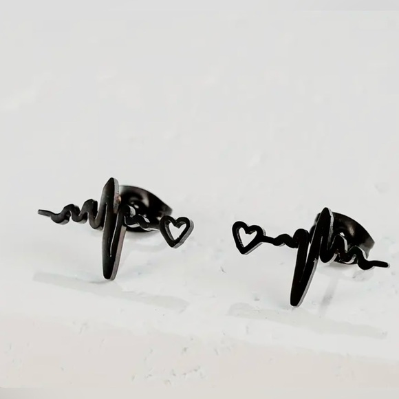 Heartbeat Black Stainless Steel Stud Earrings - Picture 1 of 4